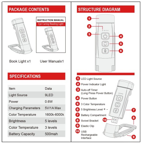 LED Rechargeable Book Reading Clip Light