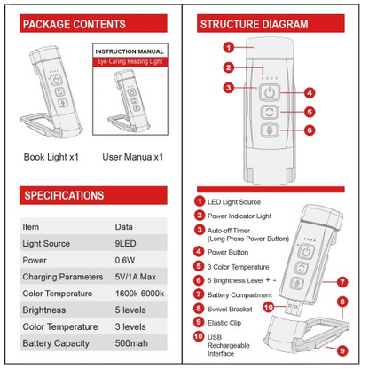 LED Rechargeable Book Reading Clip Light